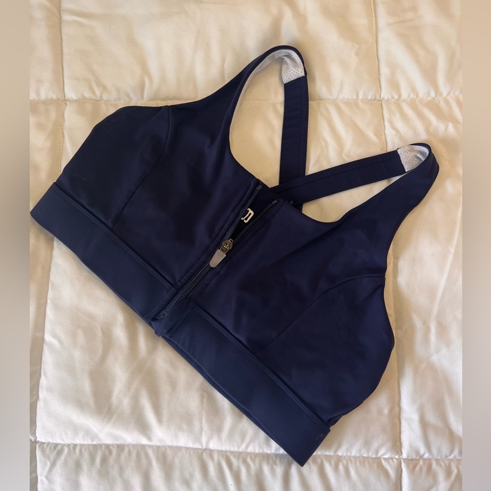 (L) Navy Blue Cross Back Front Zipper Sports Bra